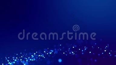 神奇的蓝色发光粒子流动在粘稠的液体和明亮的光泽。 科幻小说。 4k三维科幻背景